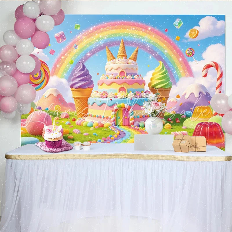 Lofaris Colorful Candy Land Rainbow Birthday Backdrop with Sweet Cake and Ice Cream Whimsical Party Background for Kids Photoshoot