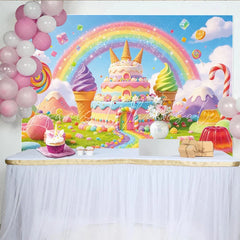 Lofaris Colorful Candy Land Rainbow Birthday Backdrop with Sweet Cake and Ice Cream Whimsical Party Background for Kids Photoshoot