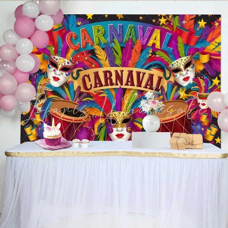 Lofaris Colorful Carnaval Party Backdrop Festive Mask and Drum Celebration Banner for Studio