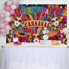 Lofaris Colorful Carnaval Party Backdrop Festive Mask and Drum Celebration Banner for Studio