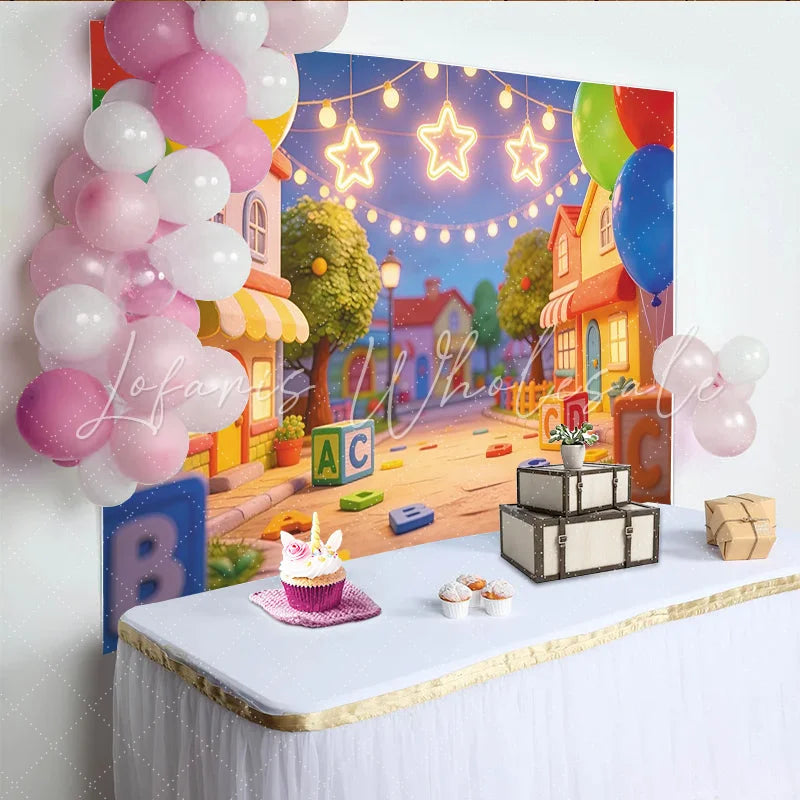 Lofaris Colorful Cartoon Alphabet Birthday Backdrop with Balloons and Stars Playful Street Scene Photography Background for Kids Party