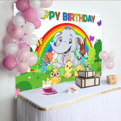 Lofaris Colorful Cartoon Animal Birthday Backdrop with Rainbow and Elephant Vibrant Party Background for Kids Photoshoot and Celebration