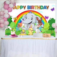 Lofaris Colorful Cartoon Animal Birthday Backdrop with Rainbow and Elephant Vibrant Party Background for Kids Photoshoot and Celebration
