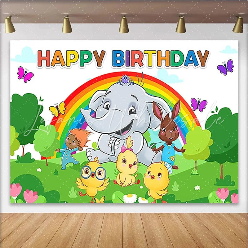 Lofaris Colorful Cartoon Animal Birthday Backdrop with Rainbow and Elephant Vibrant Party Background for Kids Photoshoot and Celebration