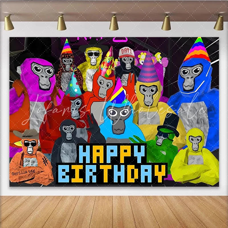 Lofaris Colorful Cartoon Ape Birthday Backdrop with Party Hats Vibrant Pixelated Happy Birthday Background for Kids Party Photoshoot