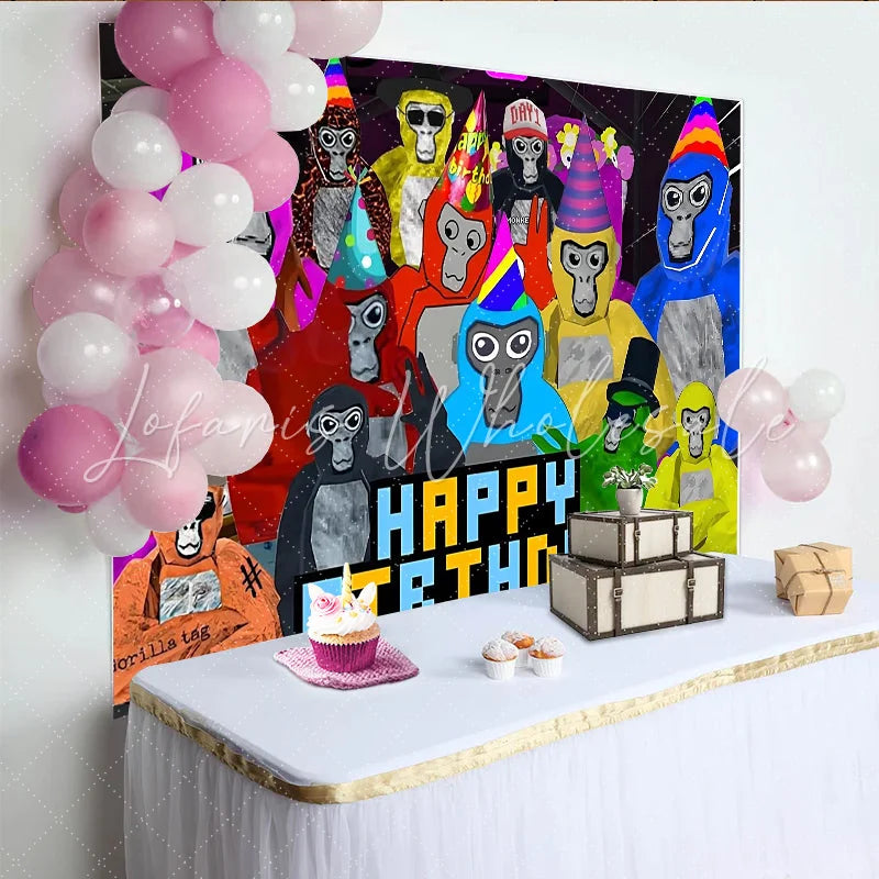 Lofaris Colorful Cartoon Ape Birthday Backdrop with Party Hats Vibrant Pixelated Happy Birthday Background for Kids Party Photoshoot