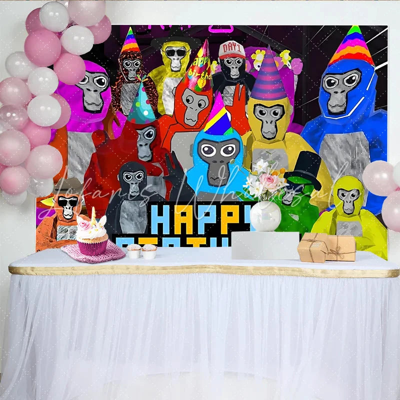 Lofaris Colorful Cartoon Ape Birthday Backdrop with Party Hats Vibrant Pixelated Happy Birthday Background for Kids Party Photoshoot