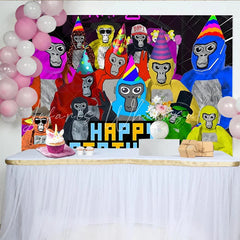 Lofaris Colorful Cartoon Ape Birthday Backdrop with Party Hats Vibrant Pixelated Happy Birthday Background for Kids Party Photoshoot