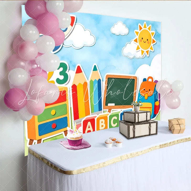Lofaris Colorful Cartoon Back to School Backdrop with Rocket Sun and ABC Blocks Educational Photography Background for Kids Party