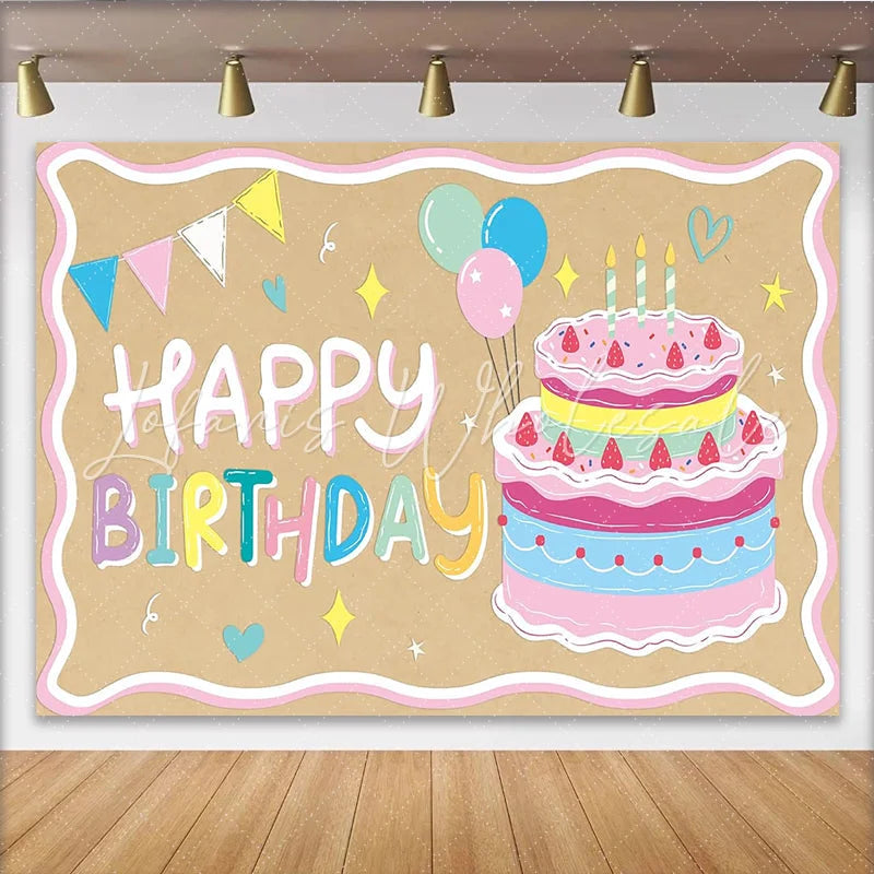 Lofaris Colorful Cartoon Birthday Backdrop with Cake and Balloons Cute Photo Background for Kids Party Decor and Studio Photoshoot.