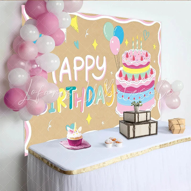 Lofaris Colorful Cartoon Birthday Backdrop with Cake and Balloons Cute Photo Background for Kids Party Decor and Studio Photoshoot.