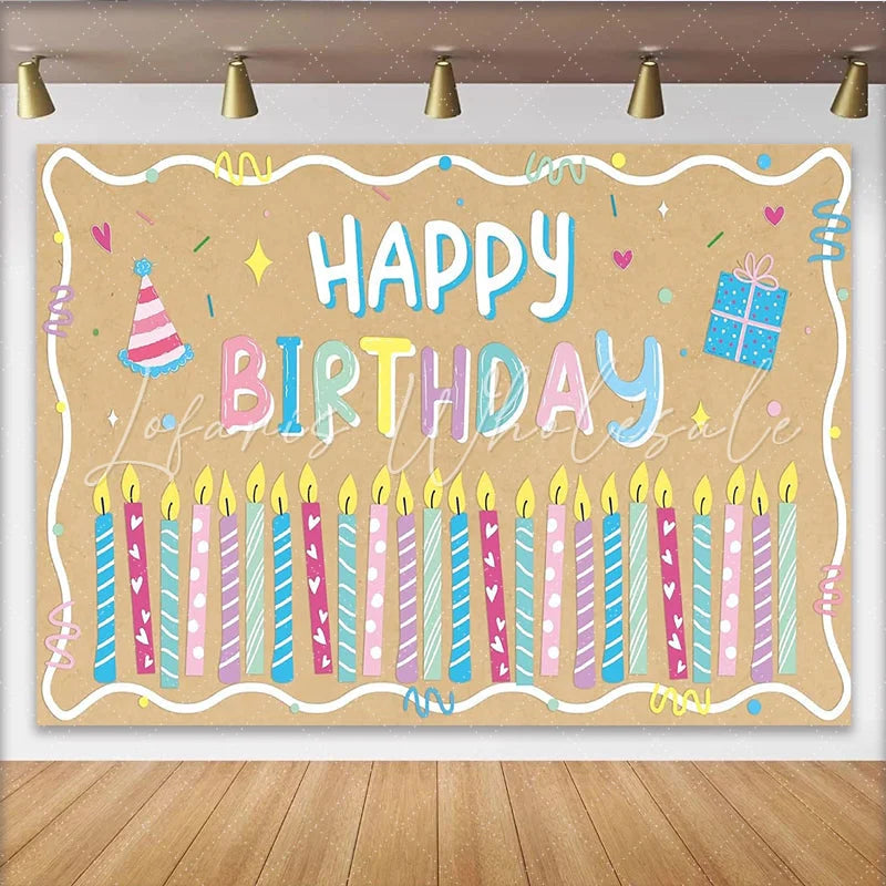 Lofaris Colorful Cartoon Happy Birthday Backdrop with Candles and Party Hat Kraft Paper Texture Background for Kids Party Decor
