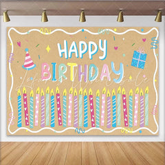 Lofaris Colorful Cartoon Happy Birthday Backdrop with Candles and Party Hat Kraft Paper Texture Background for Kids Party Decor