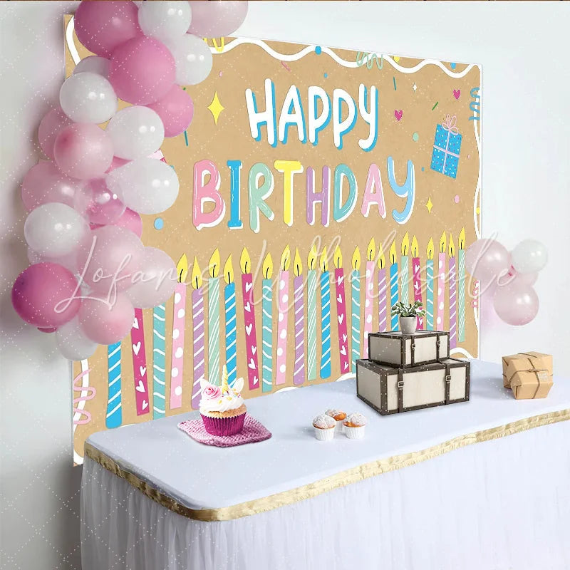 Lofaris Colorful Cartoon Happy Birthday Backdrop with Candles and Party Hat Kraft Paper Texture Background for Kids Party Decor