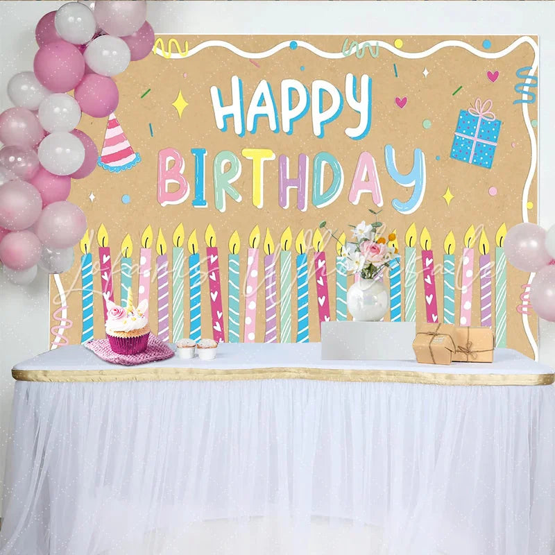 Lofaris Colorful Cartoon Happy Birthday Backdrop with Candles and Party Hat Kraft Paper Texture Background for Kids Party Decor