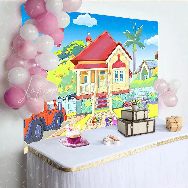 Lofaris Colorful Cartoon House Birthday Backdrop with Red Car and Balloon Bright Party Decor for Kids Photoshoot
