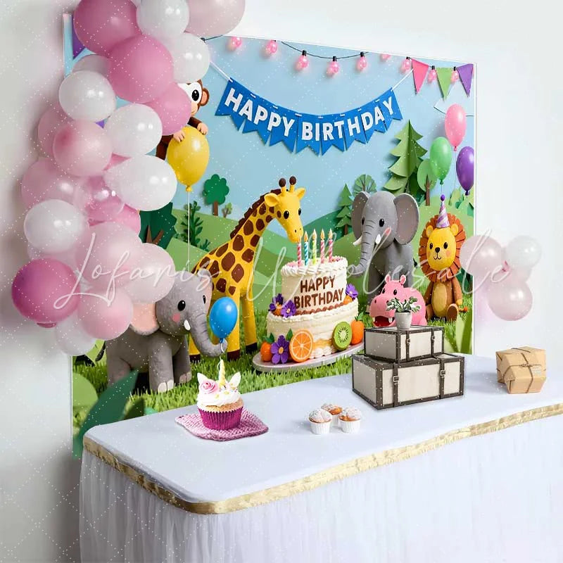 Lofaris Colorful Cartoon Jungle Safari Animals Happy Birthday Backdrop Cake and Balloons Kids Party Decor
