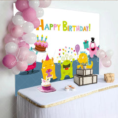 Lofaris Colorful Cartoon Monster Birthday Backdrop with Cake Balloons and Gifts Fun Party Background for Kids Photoshoot Decor