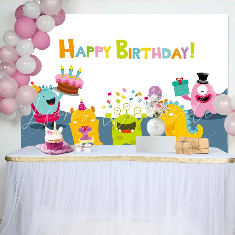 Lofaris Colorful Cartoon Monster Birthday Backdrop with Cake Balloons and Gifts Fun Party Background for Kids Photoshoot Decor