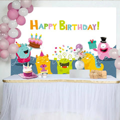 Lofaris Colorful Cartoon Monster Birthday Backdrop with Cake Balloons and Gifts Fun Party Background for Kids Photoshoot Decor