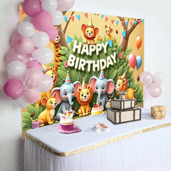 Lofaris Colorful Cartoon Safari Animals Happy Birthday Backdrop Jungle Theme Kids Party Celebration Decor