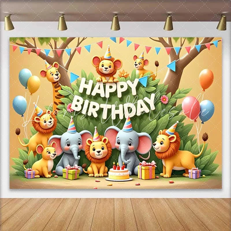 Lofaris Colorful Cartoon Safari Animals Happy Birthday Backdrop Jungle Theme Kids Party Celebration Decor