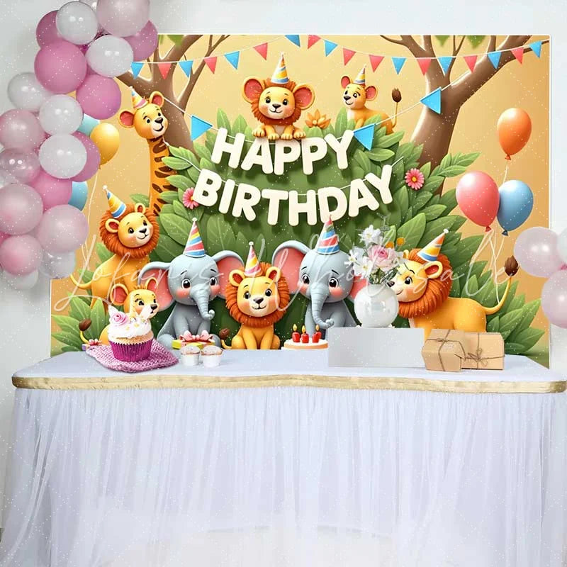 Lofaris Colorful Cartoon Safari Animals Happy Birthday Backdrop Jungle Theme Kids Party Celebration Decor