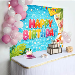 Lofaris Colorful Cartoon Summer Pool Birthday Backdrop with Flamingo Float and Beach Elements Fun Party Background for Kids Photoshoot