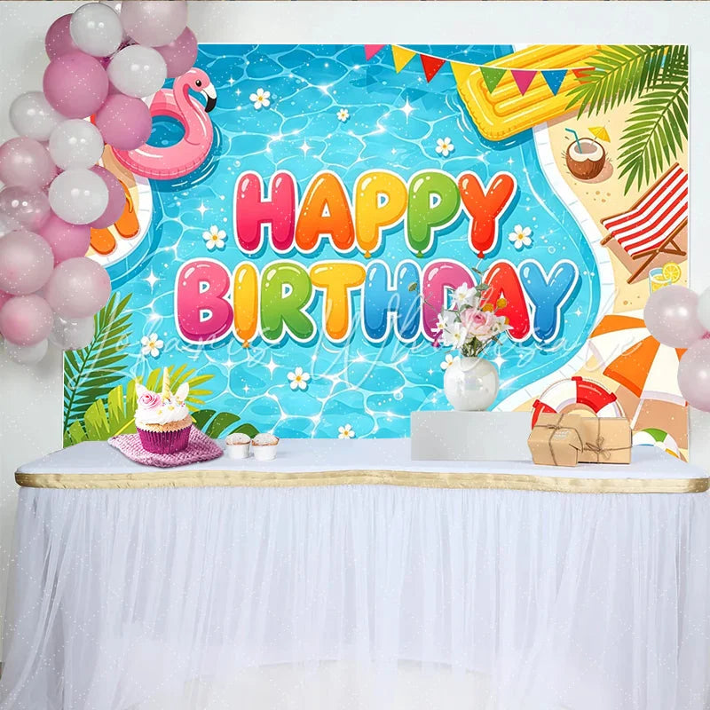 Lofaris Colorful Cartoon Summer Pool Birthday Backdrop with Flamingo Float and Beach Elements Fun Party Background for Kids Photoshoot