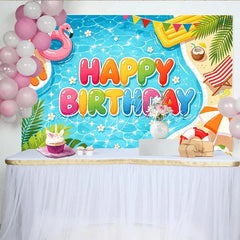 Lofaris Colorful Cartoon Summer Pool Birthday Backdrop with Flamingo Float and Beach Elements Fun Party Background for Kids Photoshoot