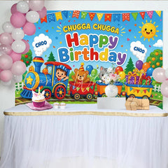 Lofaris Colorful Cartoon Train Birthday Backdrop with Animals and Balloons Vibrant Party Background for Kids Party and Photoshoot