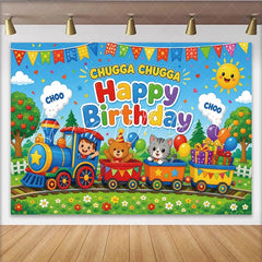 Lofaris Colorful Cartoon Train Birthday Backdrop with Animals and Balloons Vibrant Party Background for Kids Party and Photoshoot