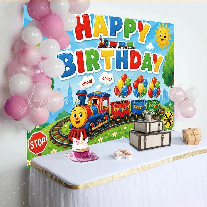 Lofaris Colorful Cartoon Train Birthday Backdrop with Balloons and Sunny Sky Vibrant Party Decor for Kids Photoshoot and Celebration