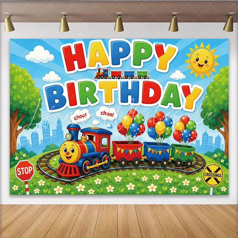 Lofaris Colorful Cartoon Train Birthday Backdrop with Balloons and Sunny Sky Vibrant Party Decor for Kids Photoshoot and Celebration