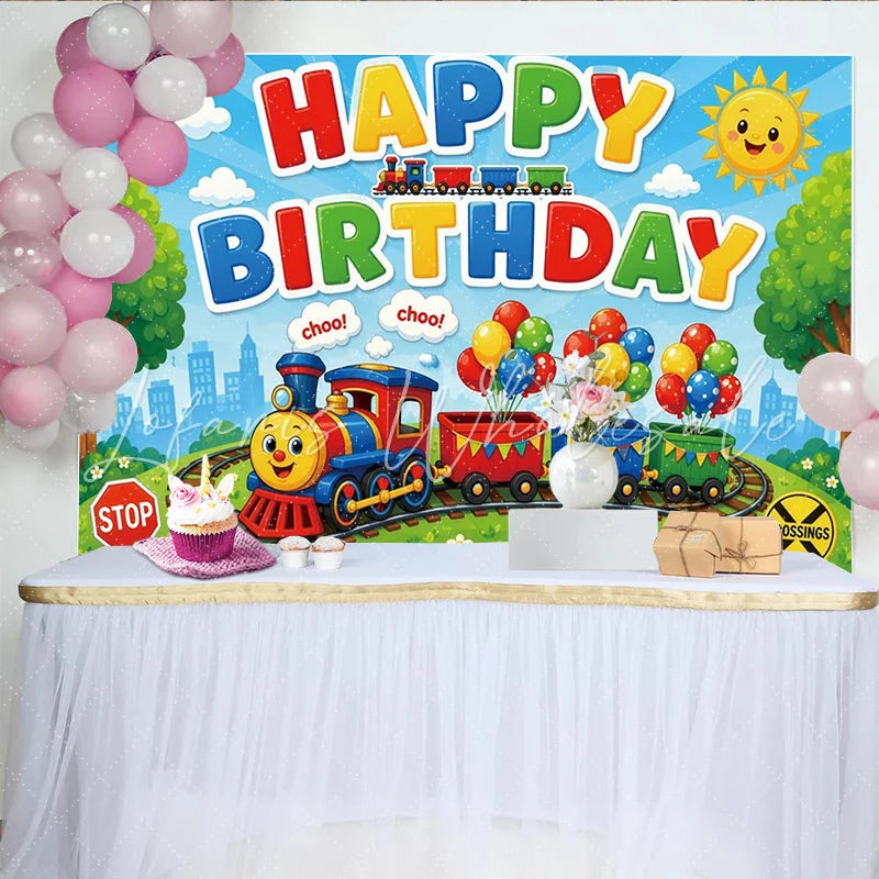 Lofaris Colorful Cartoon Train Birthday Backdrop with Balloons and Sunny Sky Vibrant Party Decor for Kids Photoshoot and Celebration