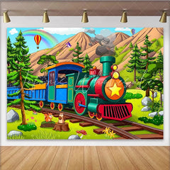 Lofaris Colorful Cartoon Train Birthday Backdrop with Mountains and Rainbow Cute Squirrels Photo Background for Kids Party Decoration