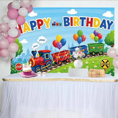 Lofaris Colorful Cartoon Train Happy Birthday Backdrop with Balloons and Green Hills Vibrant Party Photography Background for Kids