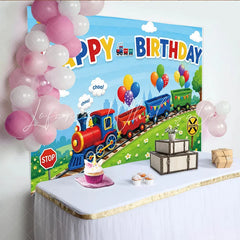 Lofaris Colorful Cartoon Train Happy Birthday Backdrop with Balloons and Green Hills Vibrant Party Photography Background for Kids