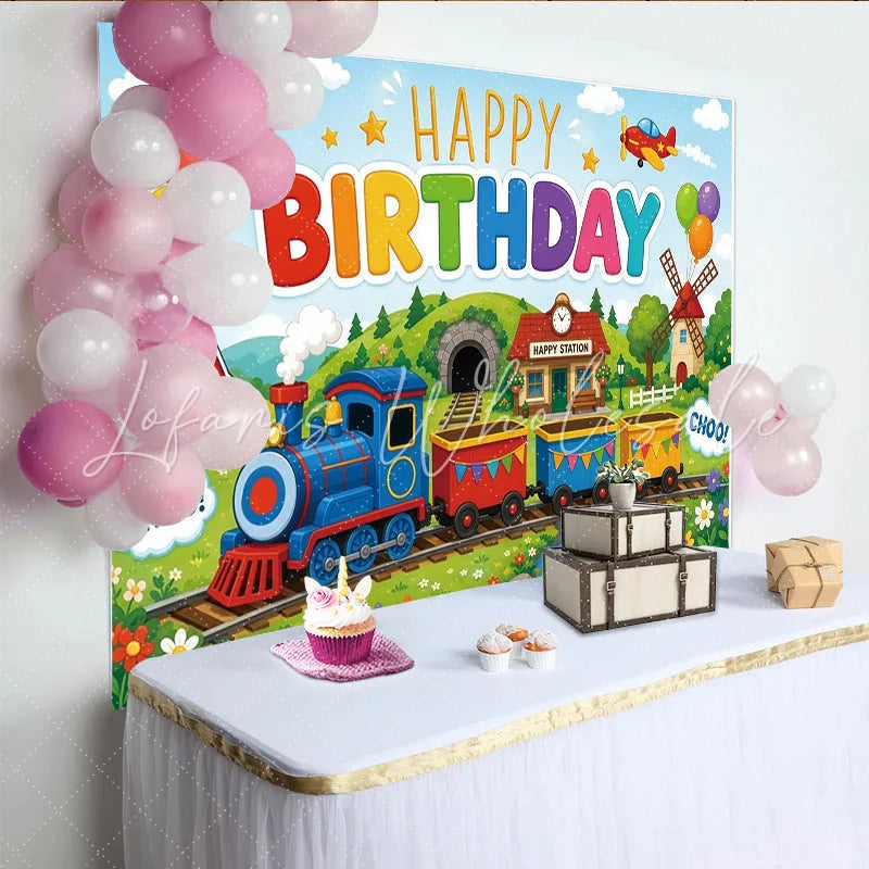 Lofaris Colorful Cartoon Train Happy Birthday Backdrop with Balloons Cheerful Landscape Photography Background for Kids Party Decor