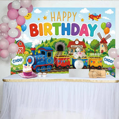 Lofaris Colorful Cartoon Train Happy Birthday Backdrop with Balloons Cheerful Landscape Photography Background for Kids Party Decor