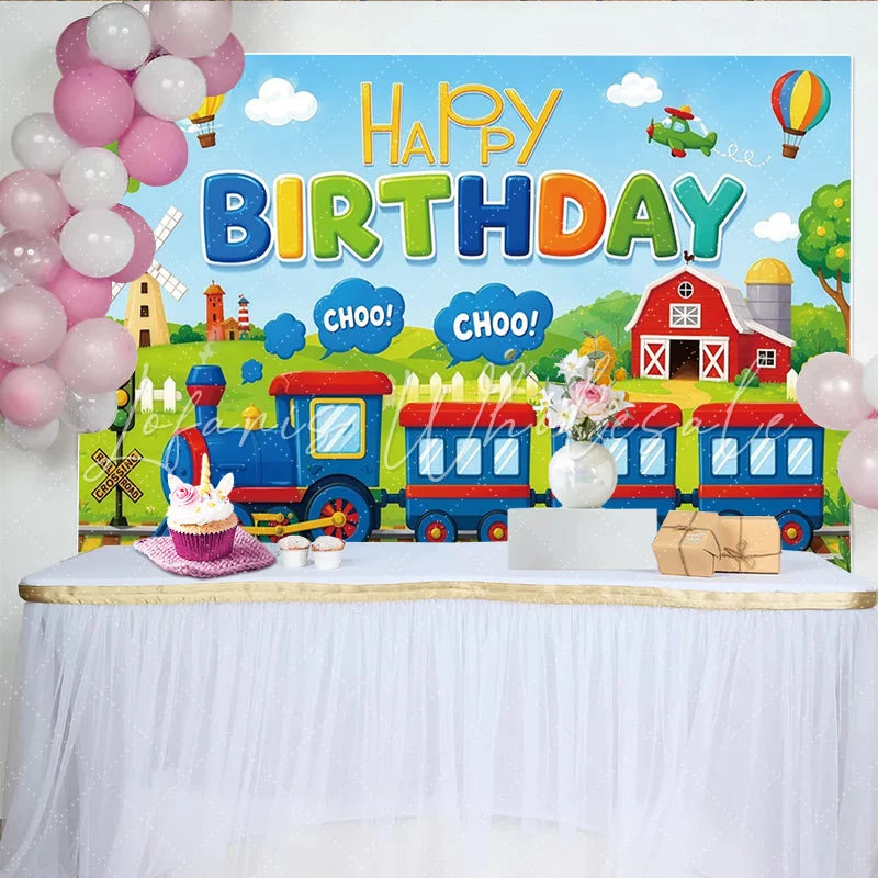 Lofaris Colorful Cartoon Train Happy Birthday Backdrop with Hot Air Balloons and Red Barn Fun Party Decor for Kids Photoshoot