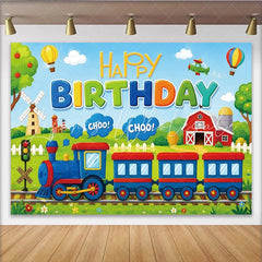 Lofaris Colorful Cartoon Train Happy Birthday Backdrop with Hot Air Balloons and Red Barn Fun Party Decor for Kids Photoshoot