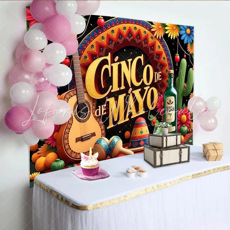 Lofaris Colorful Cinco de Mayo Backdrop with Guitar and Maracas Festive Mexican Party Decoration for Fiesta