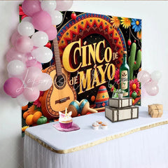 Lofaris Colorful Cinco de Mayo Backdrop with Guitar and Maracas Festive Mexican Party Decoration for Fiesta