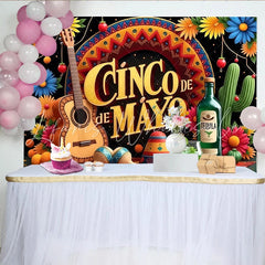 Lofaris Colorful Cinco de Mayo Backdrop with Guitar and Maracas Festive Mexican Party Decoration for Fiesta