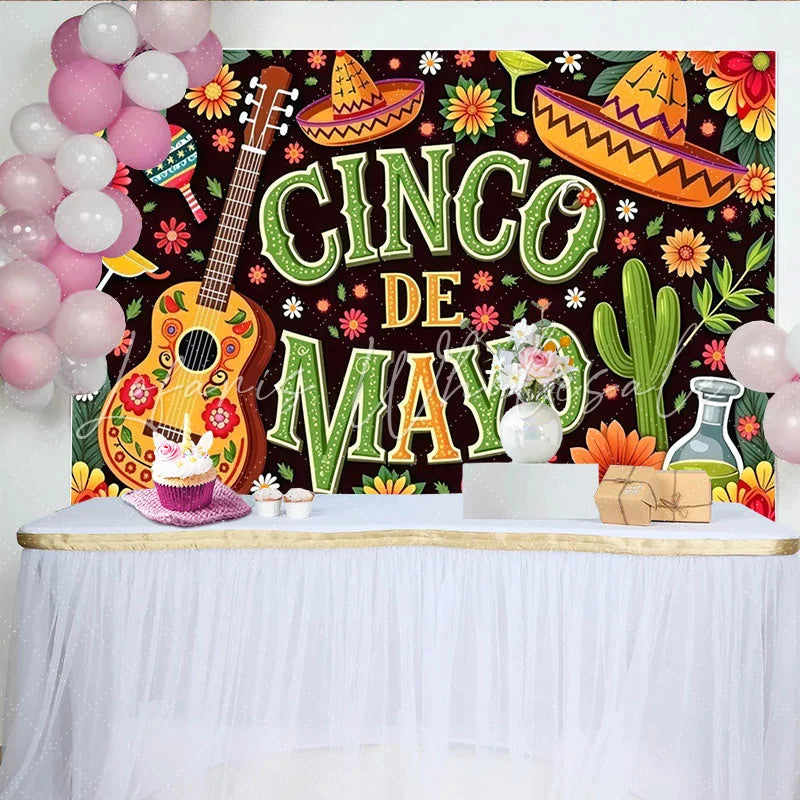 Lofaris Colorful Cinco de Mayo Photography Backdrop with Sombreros and Guitar Vibrant Mexican Fiesta Background for Party Decoration