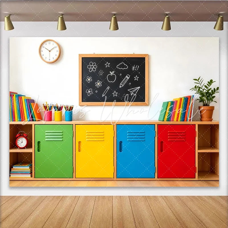 Lofaris Colorful Classroom Photography Backdrop with Blackboard and Lockers Vibrant School Background for Kids’ Portraits and Events
