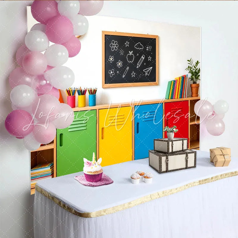 Lofaris Colorful Classroom Photography Backdrop with Blackboard and Lockers Vibrant School Background for Kids’ Portraits and Events