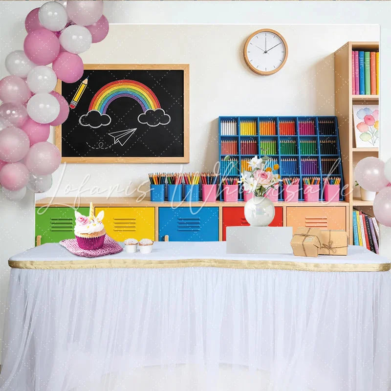 Lofaris Colorful Classroom Photography Backdrop with Rainbow and Lockers Educational School Decor for Student Photoshoot