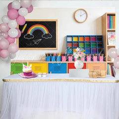 Lofaris Colorful Classroom Photography Backdrop with Rainbow and Lockers Educational School Decor for Student Photoshoot